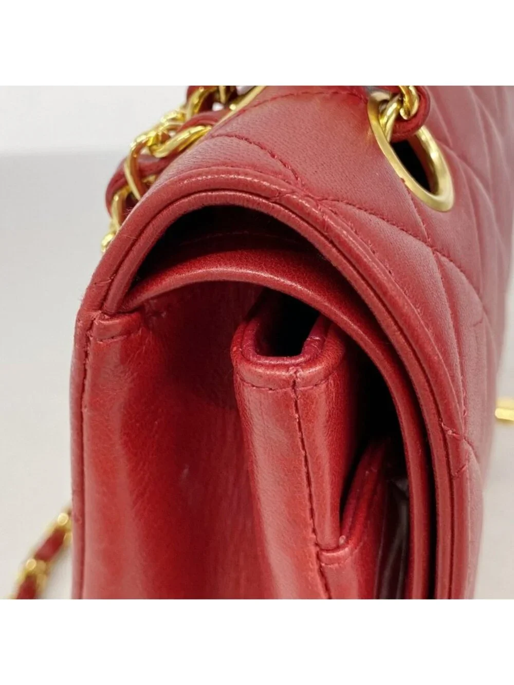 Chanel Shoulder Bag Quilted Lambskin Red Gold